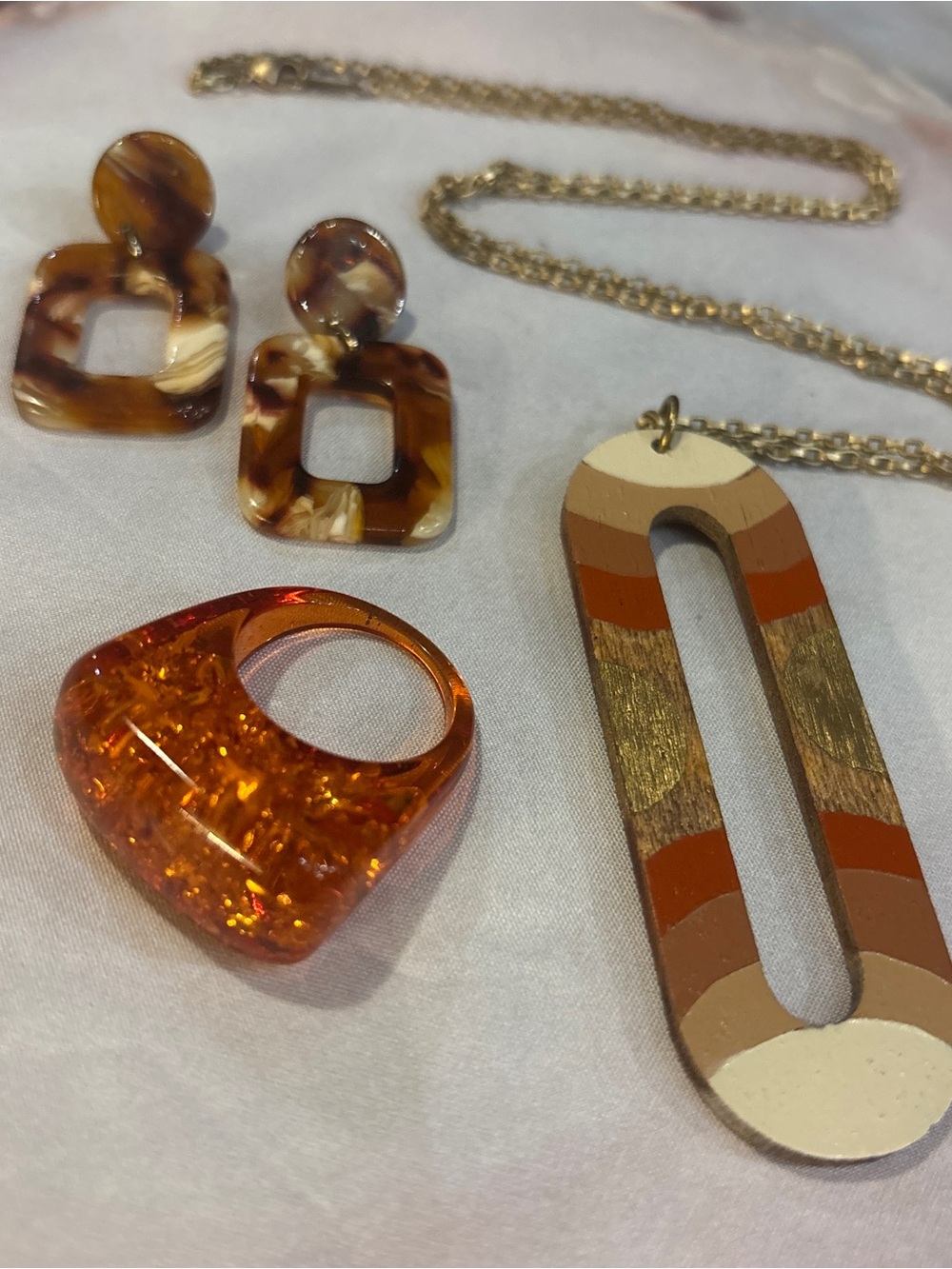 Earthy Jewelry Set - Acrylic Earrings & Amber Resin Ring & Wood Pendant Necklace